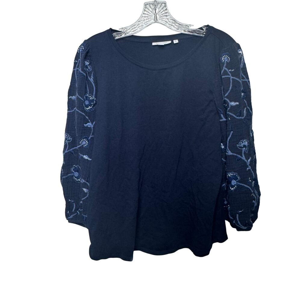Chico’s‎ Navy Blue Embroidered Sleeve Top Size 2 L Boho Blouse Long Sleeve